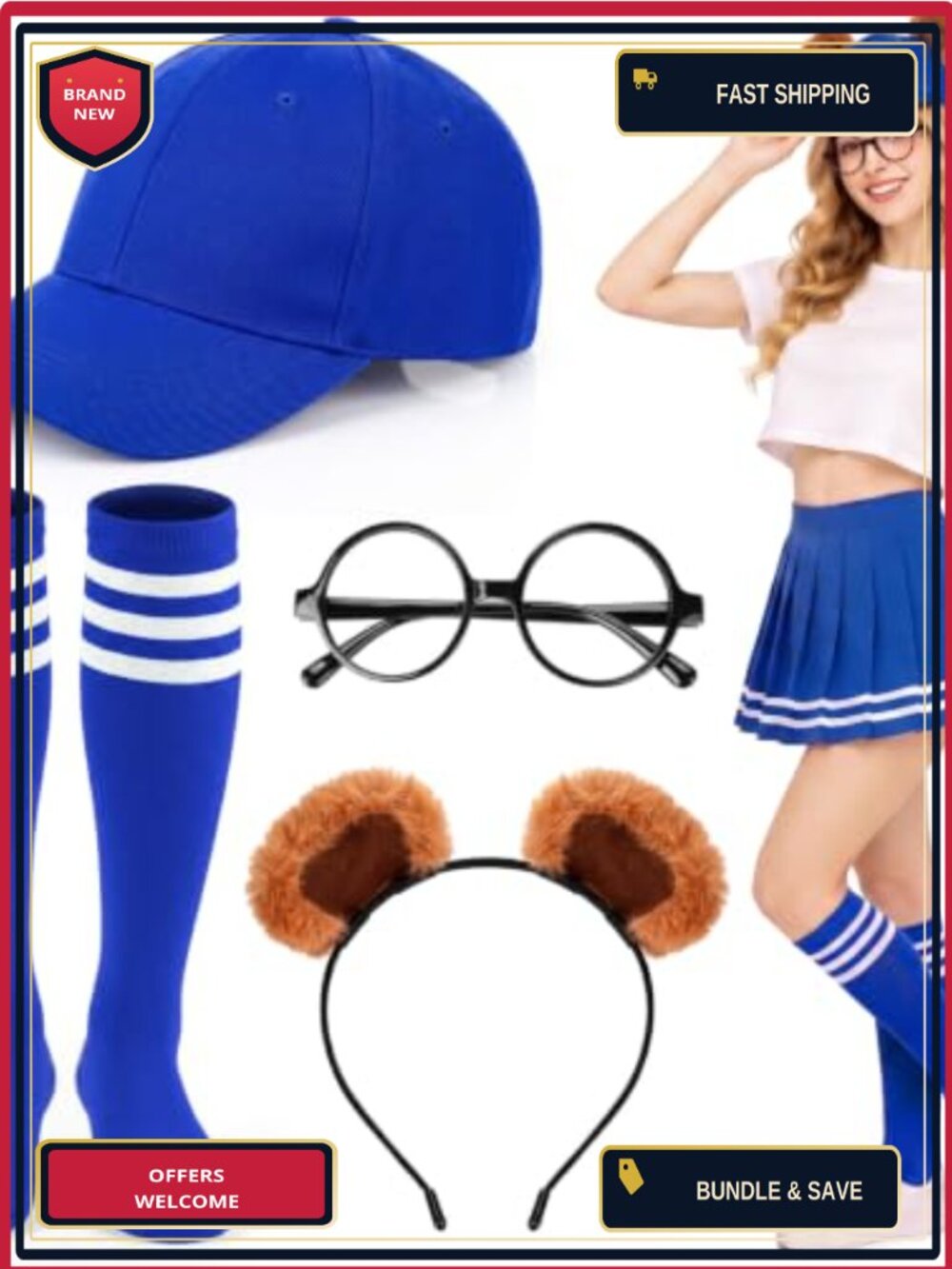 4 Pc Halloween Animal Costume Accessory Set Plush Ear Headband Cap Socks Glasses